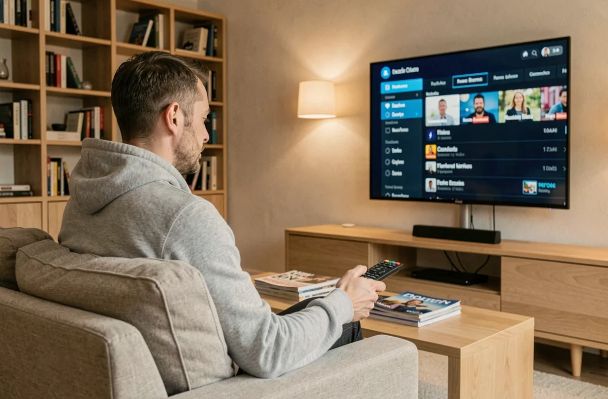 Homme consultant le guide des chaînes gratuites sur sa Freebox Pop dans son salon moderne
