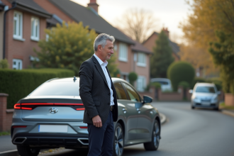 Homme d'âge moyen examine une voiture hybride en extérieur