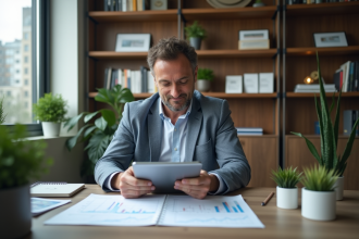 Homme d'affaires analysant des graphiques financiers dans un bureau