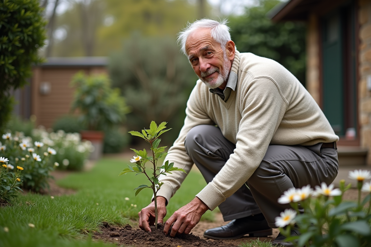 Homme âgé plantant un jeune arbre dans un jardin paisible