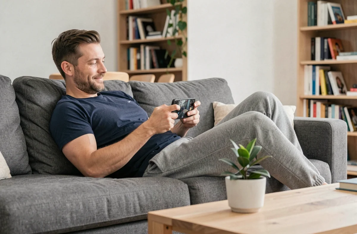 Homme jouant à des jeux sur mobile confortablement installé dans son salon moderne
