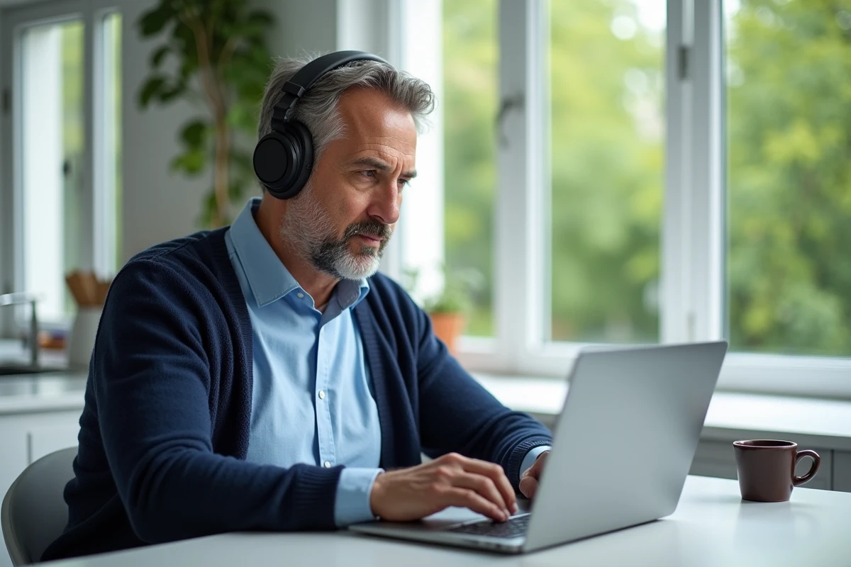 Homme en cuisine lisant des comics sur son ordinateur portable