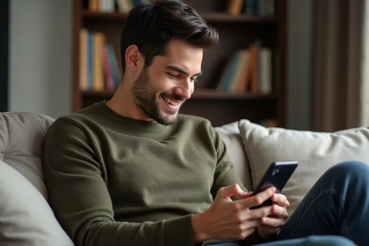 Homme souriant en lisant un message affectueux avec son surnom sur son téléphone