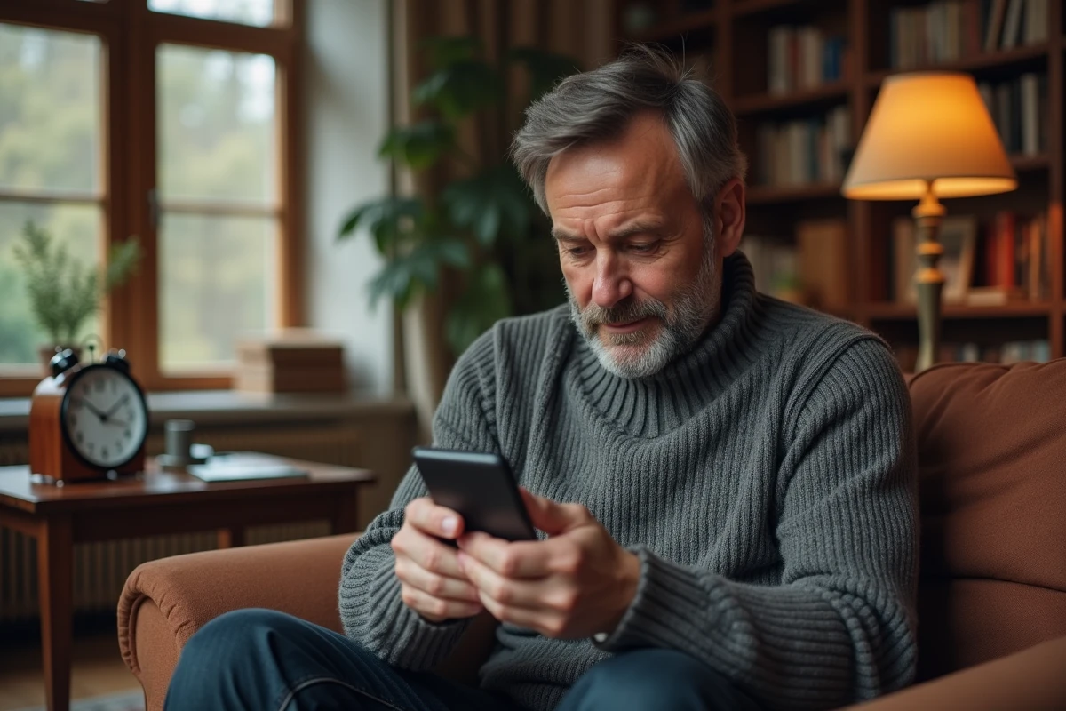 Homme compare des dates sur smartphone dans un salon cosy