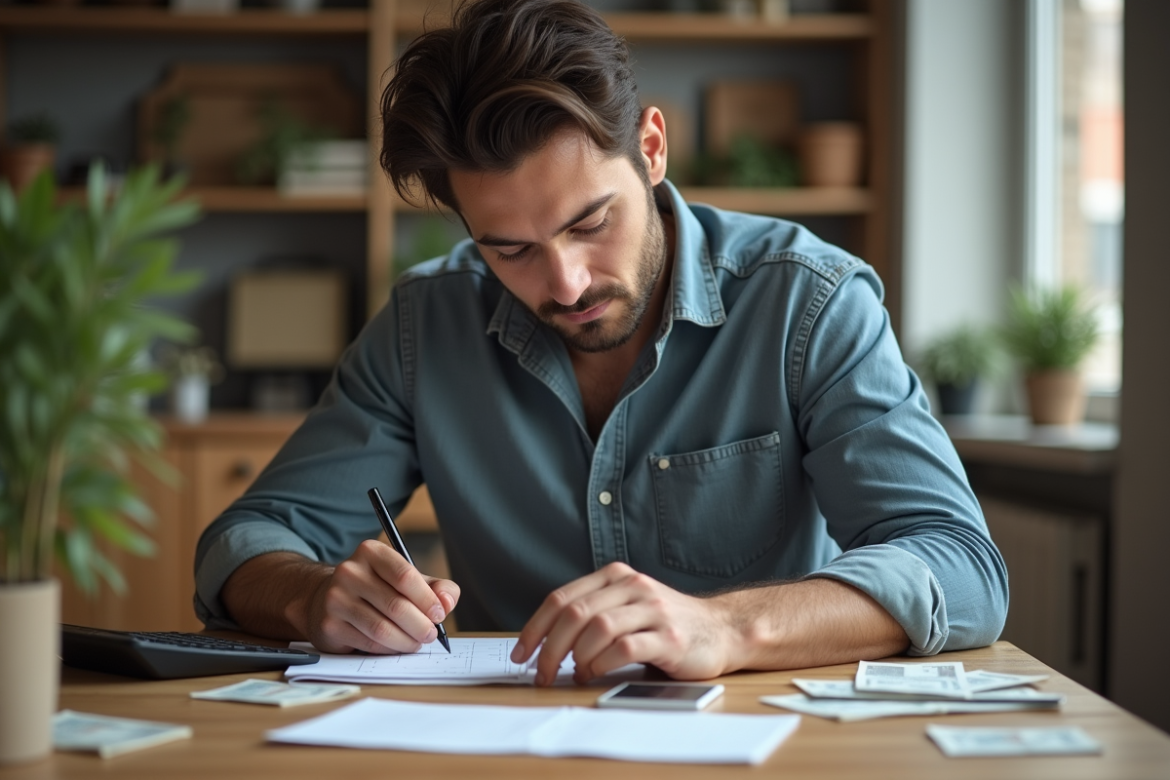 Homme organisé avec ses finances dans un intérieur moderne