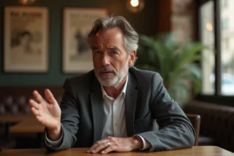 Homme français en blazer discutant dans un café parisien