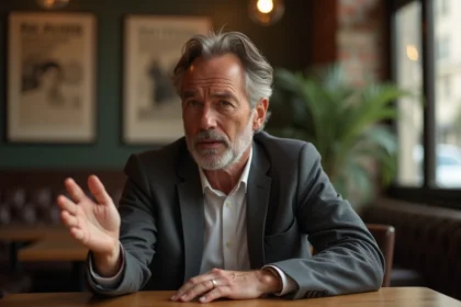 Homme français en blazer discutant dans un café parisien