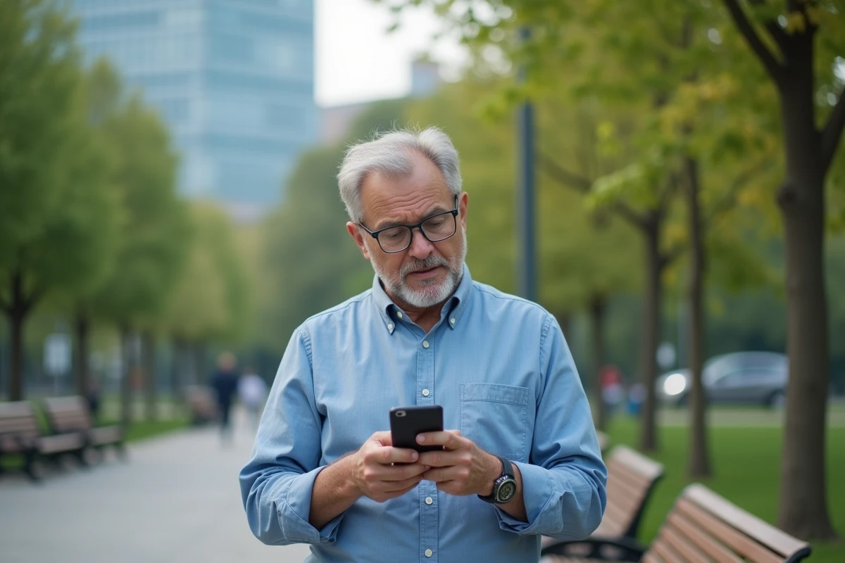 Homme regardant son smartphone dans un parc urbain