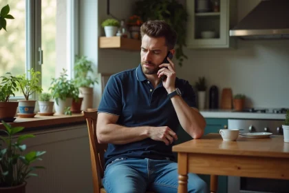 Homme au téléphone dans son appartement cosy