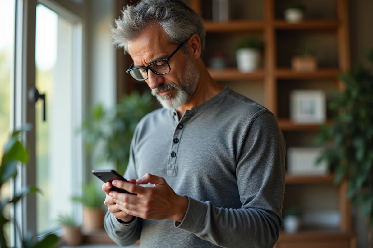 Homme consultant les permissions d'une application de collecte de données sur son smartphone à domicile