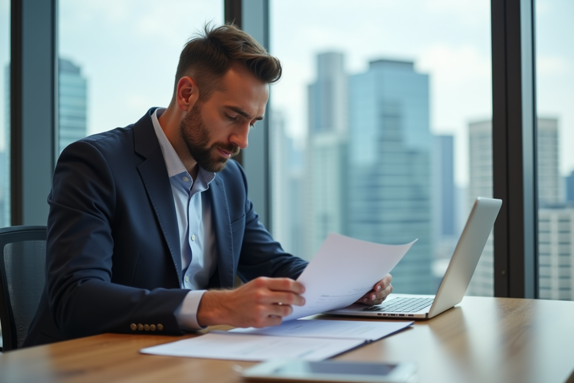 Homme d'âge moyen lisant des documents dans un bureau moderne
