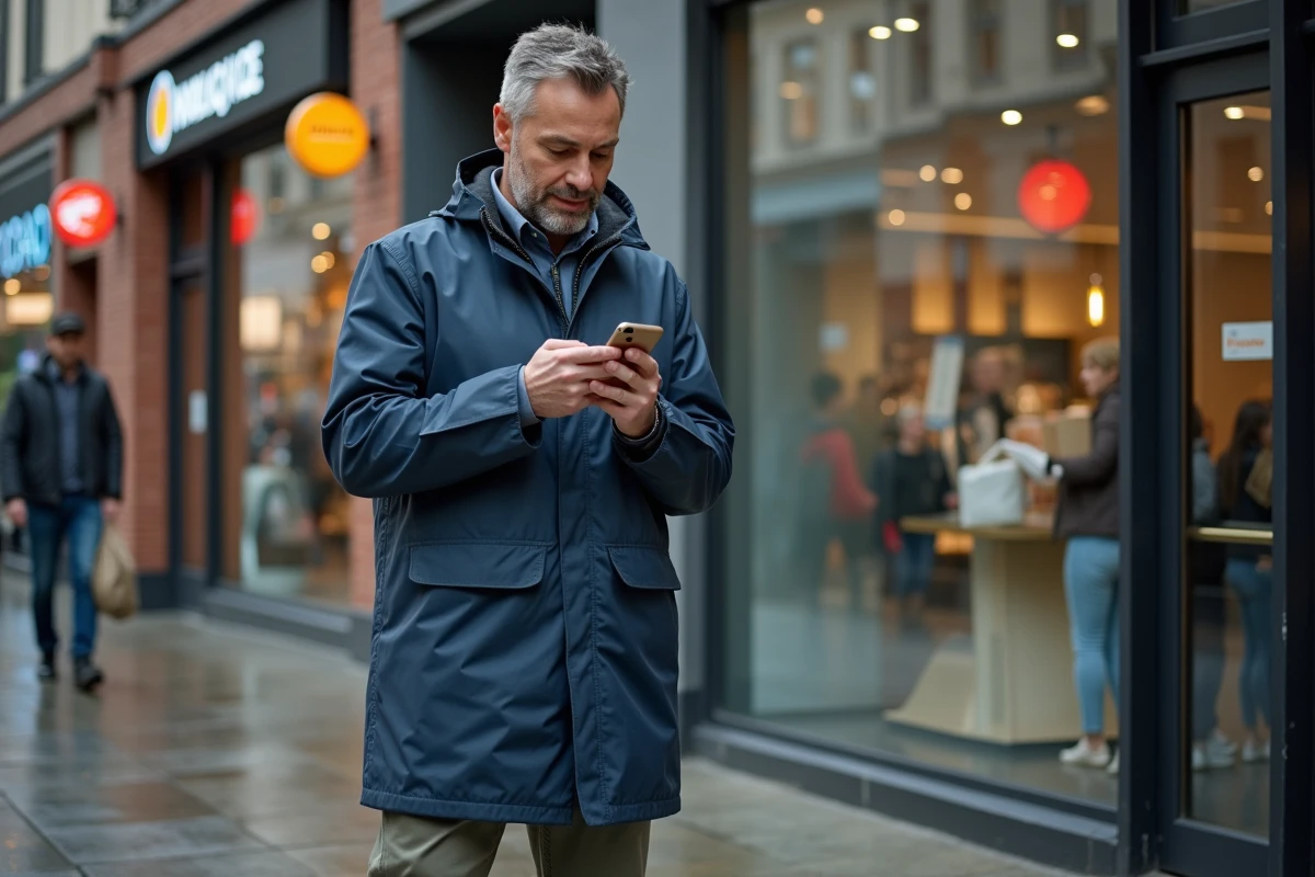 Homme en imperméable regardant son smartphone dans la rue