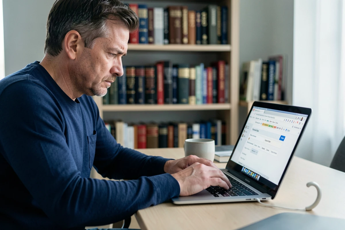 Homme utilisant un outil solveur de mots en ligne sur ordinateur portable pour des jeux de lettres