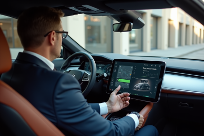 Homme en costume navy dans une voiture moderne avec tableau digital