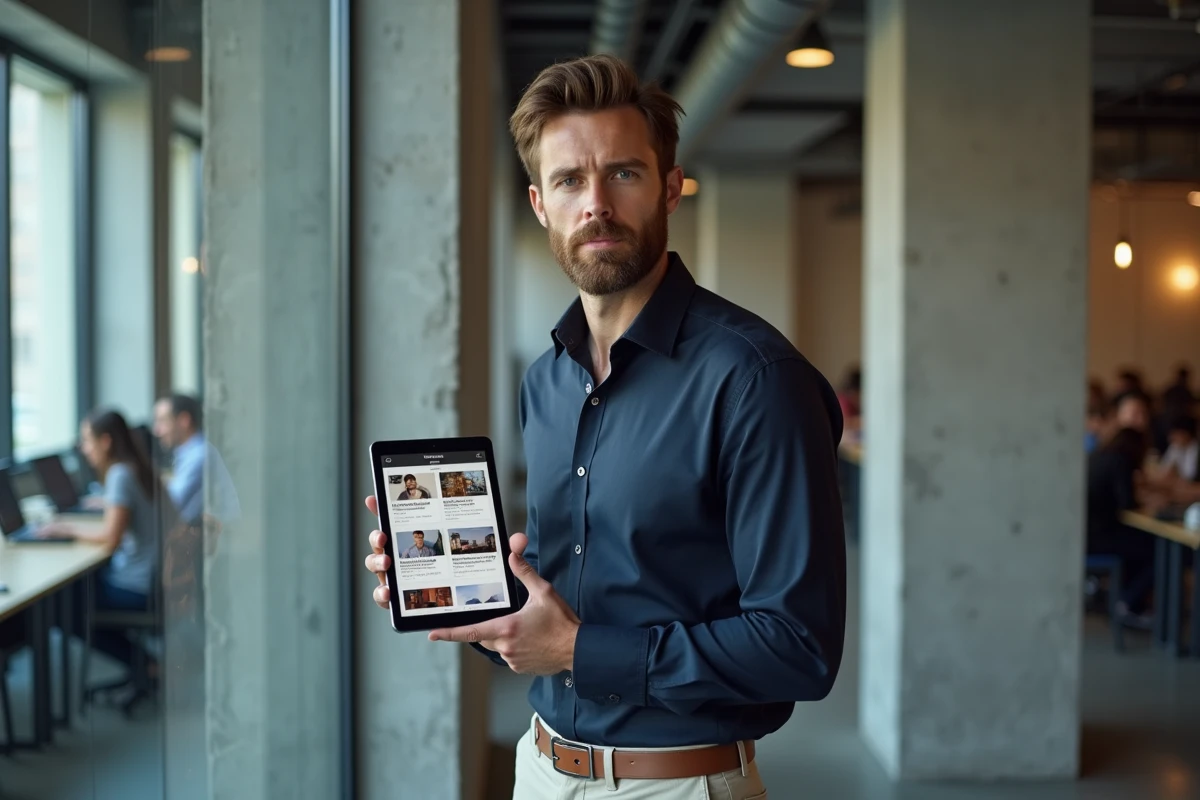 Professionnel masculin consultant une grille Instagram sur tablette dans un espace de coworking moderne avec vue urbaine