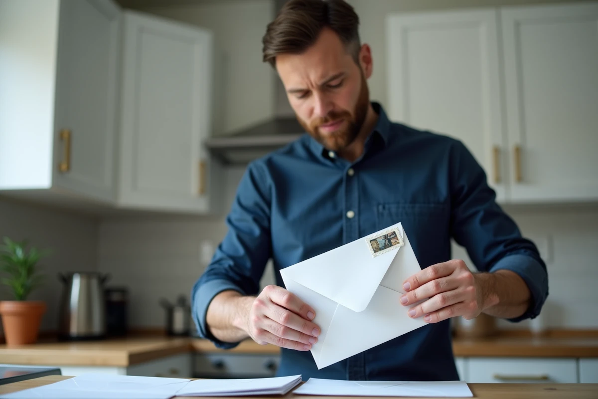 Homme collant un timbre sur une enveloppe blanche dans une cuisine moderne