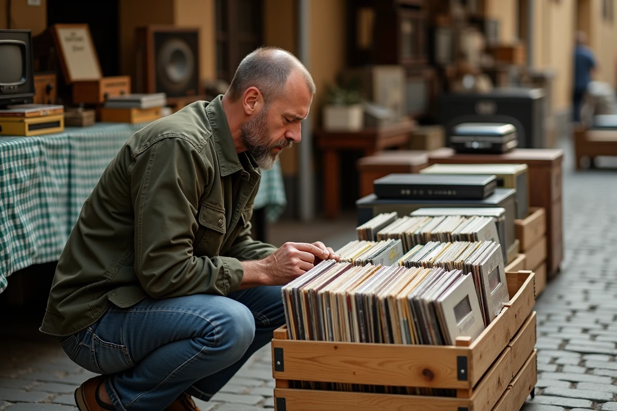 Homme feuilletant des vinyles dans un crate en bois sur un vide-grenier en Bourgogne dans le département de l'Yonne