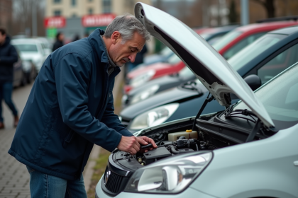 Homme examine le moteur d'une voiture d'occasion en marché