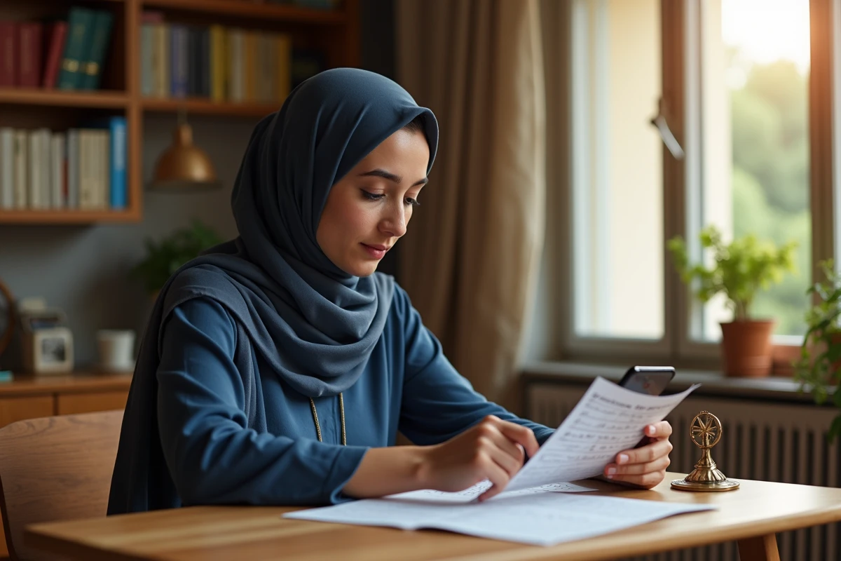 Femme consultant les horaires de prière quotidienne de Marseille sur un calendrier islamique
