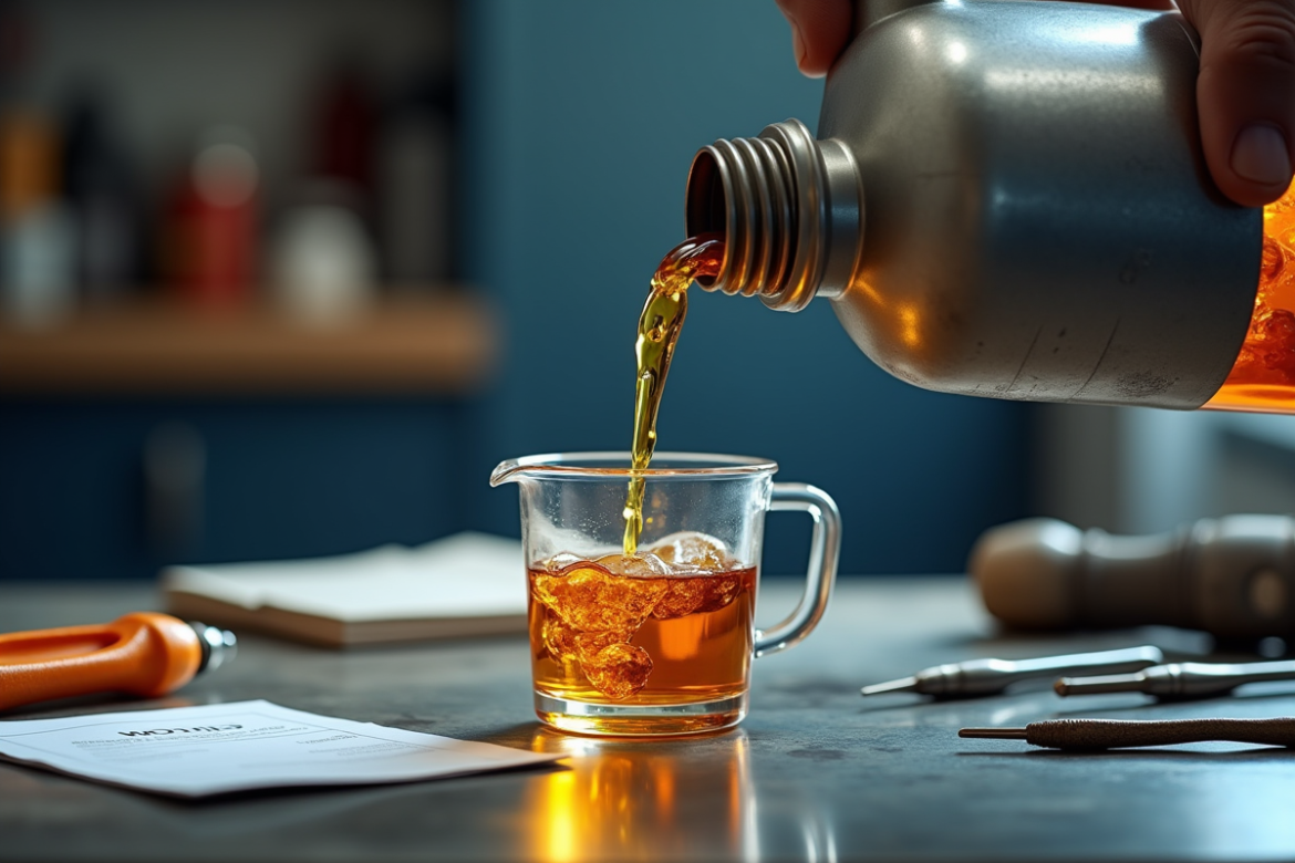 Huile moteur versée dans un verre mesureur sur un plan de travail lumineux