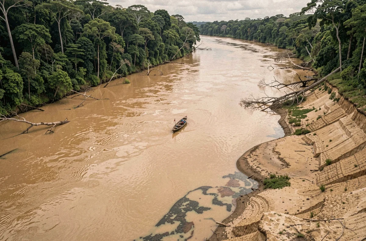 Vue panoramique des rives de l'Amazone montrant l'érosion des berges et la déforestation en 2026