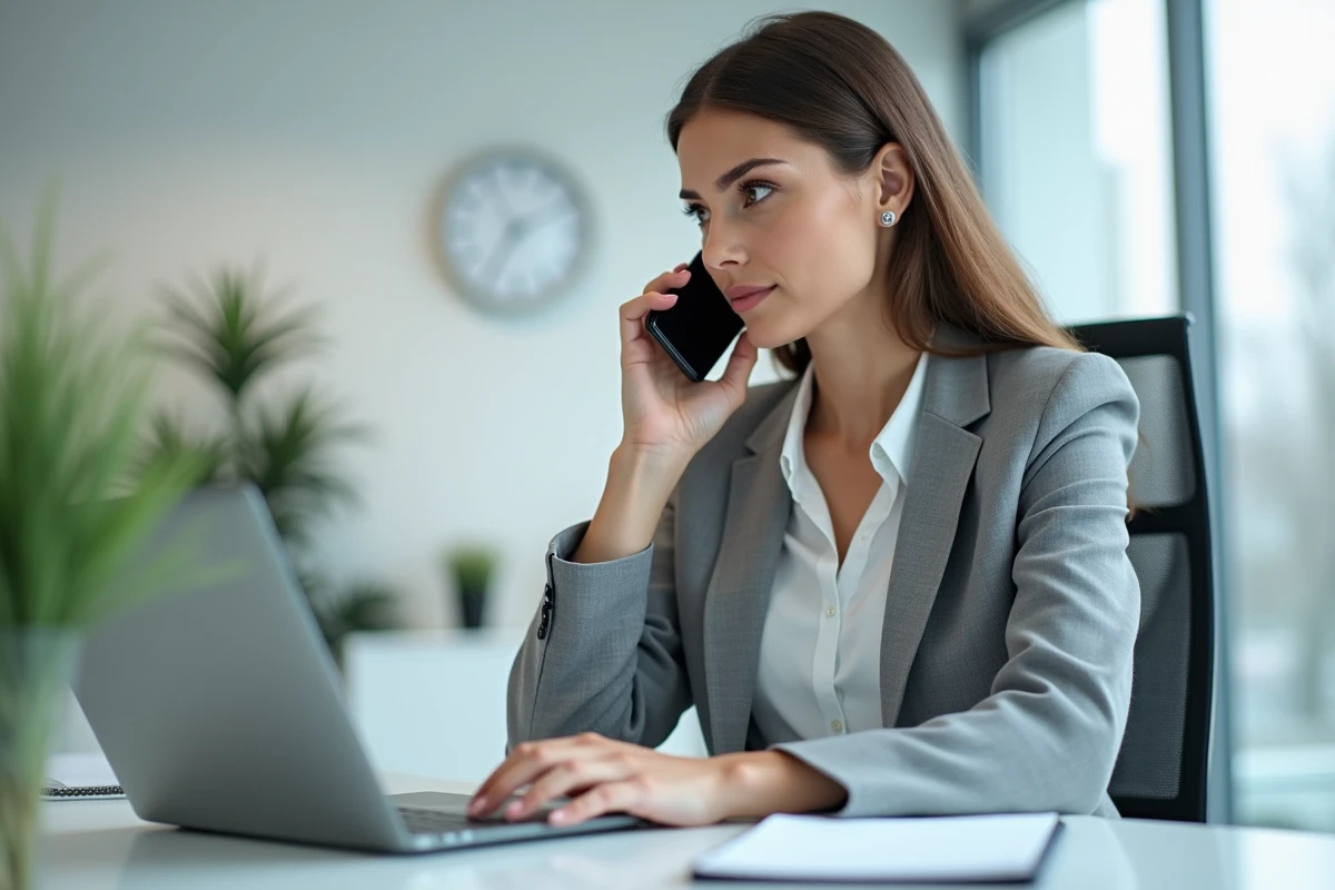 Femme professionnelle composant un numéro international commençant par 0041 sur son smartphone dans un bureau moderne à Zurich