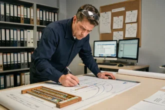 Ingénieur électricien consultant un abaque triphasé pour le dimensionnement de câbles électriques sur une table à dessin technique
