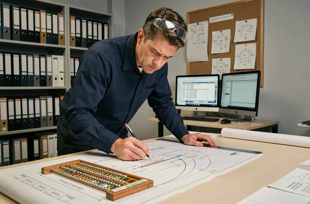 Ingénieur électricien consultant un abaque triphasé pour le dimensionnement de câbles électriques sur une table à dessin technique