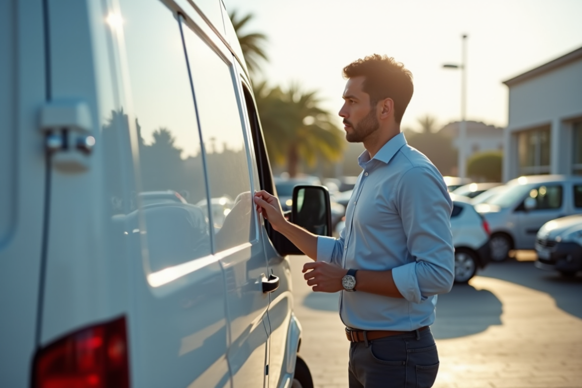 Homme inspectant une voiture d'occasion blanche en concession