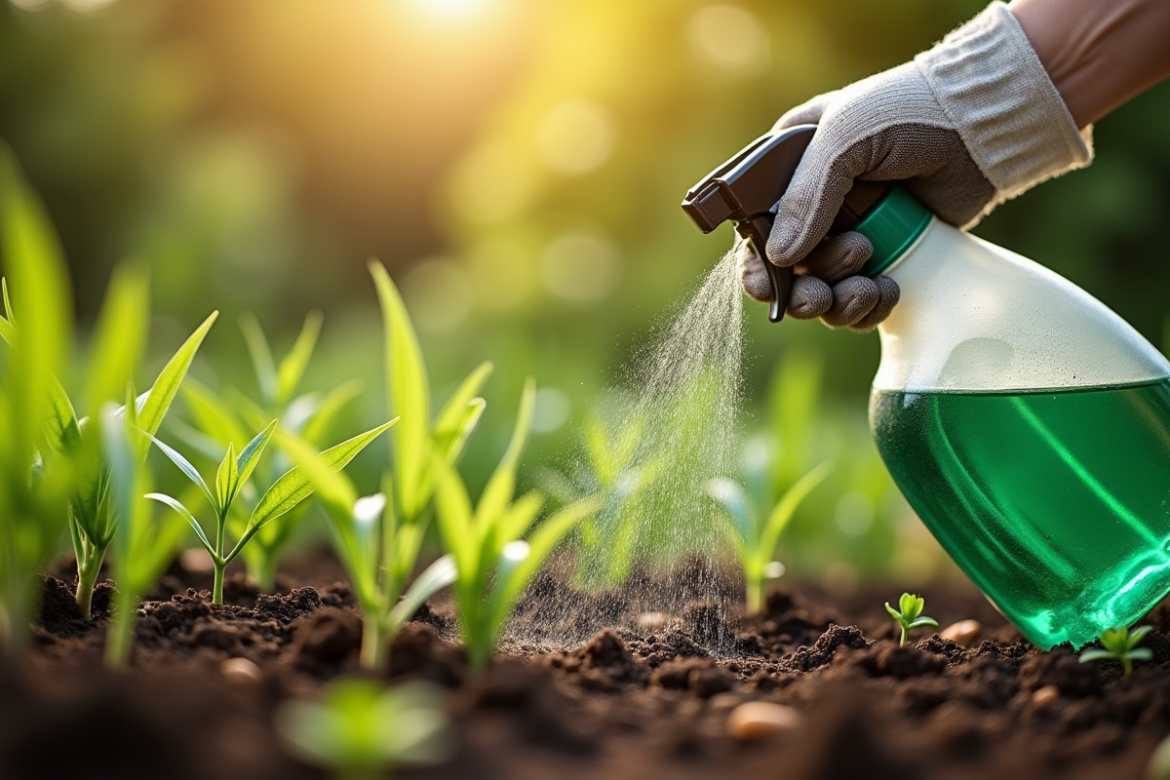 Jardinier appliquant un désherbant naturel aux mauvaises herbes