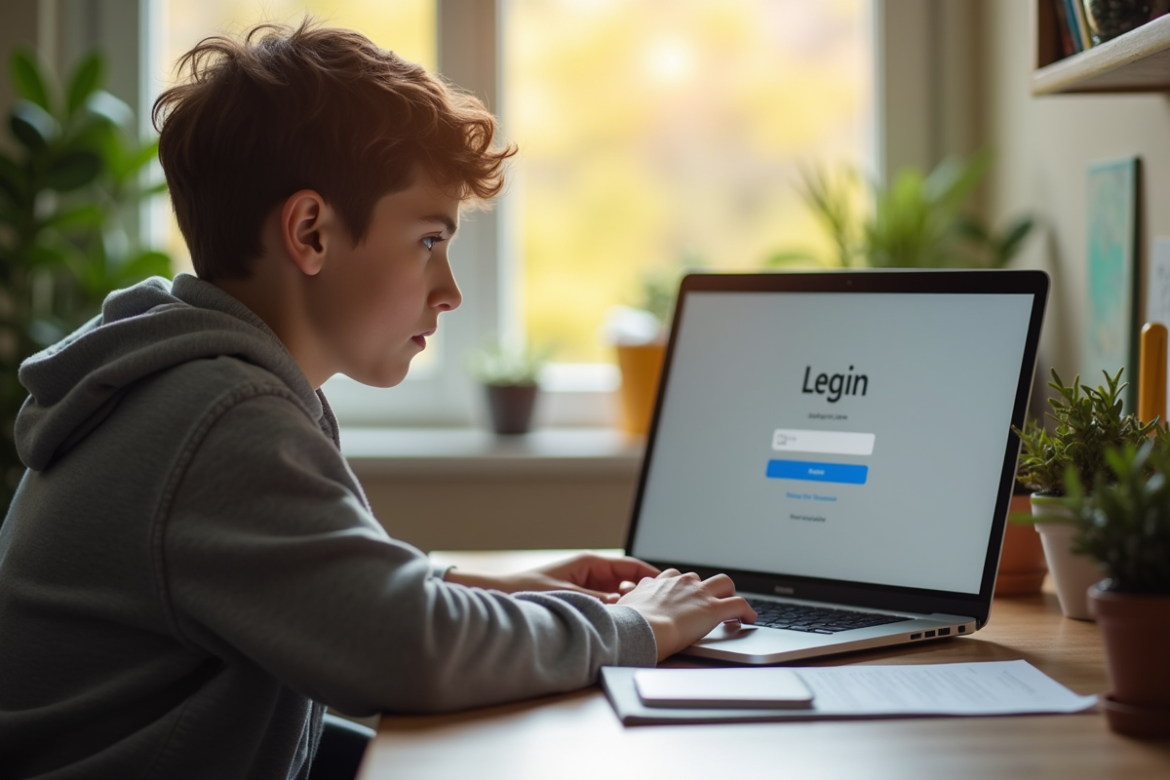Jeune adulte tapant sur un ordinateur portable au bureau lumineux