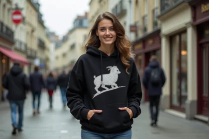 Jeune femme bretonne souriante en hoodie urbain dans une place