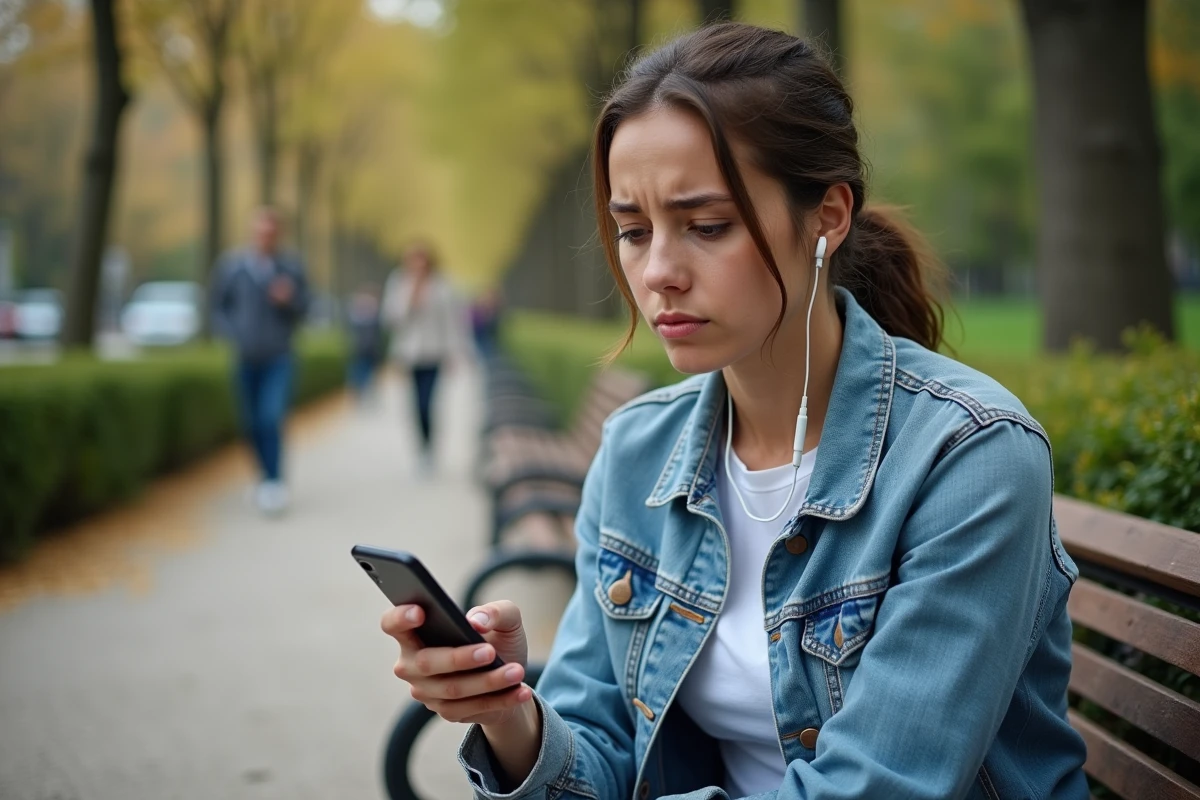 Jeune femme dans un parc vérifiant un appel répété d'un numéro inconnu sur son téléphone
