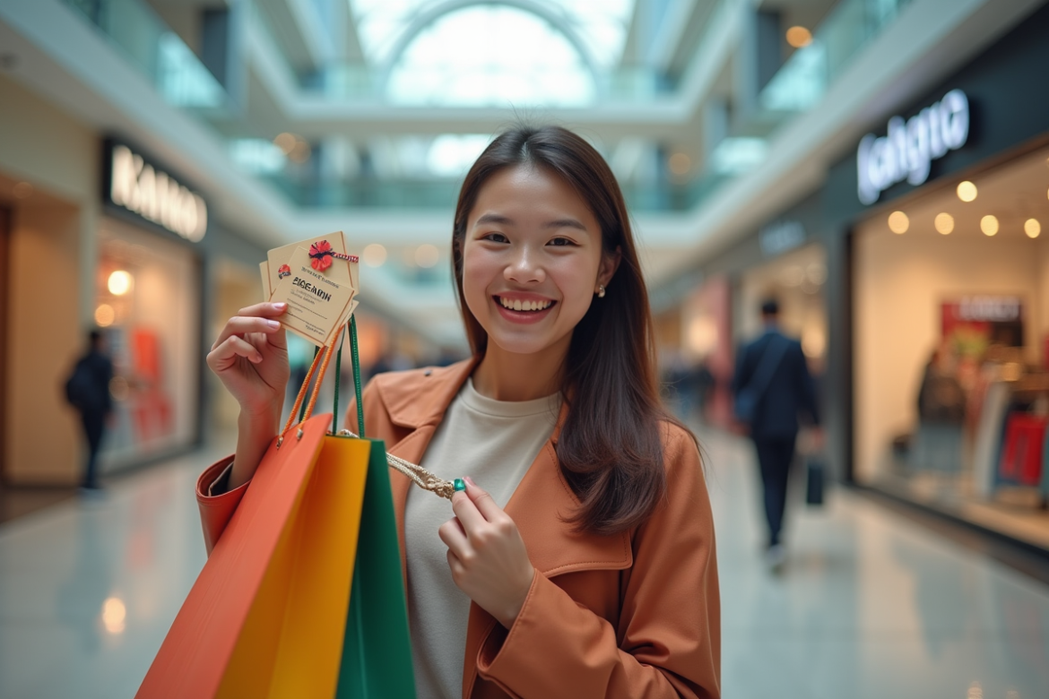 Jeune femme souriante tenant une carte cadeau Kadeos Infini dans un centre commercial