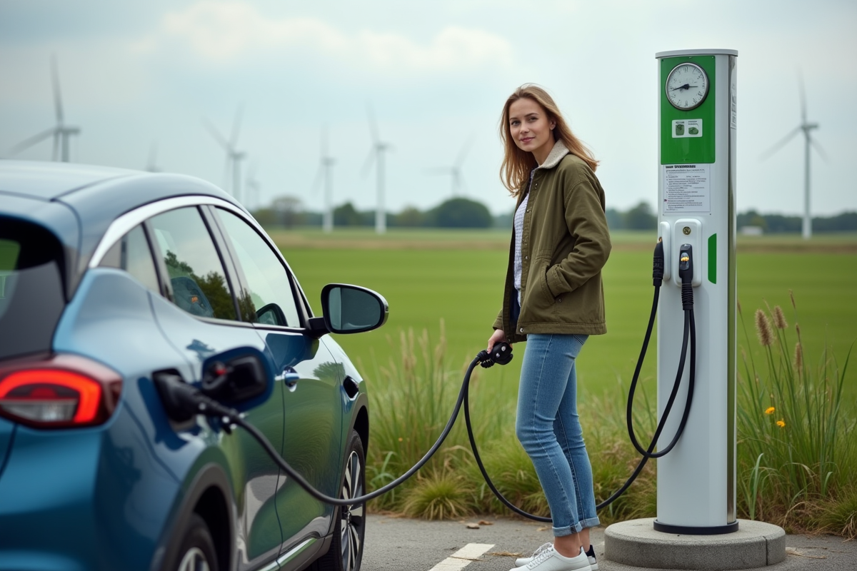 Jeune femme débranchant une voiture électrique en campagne