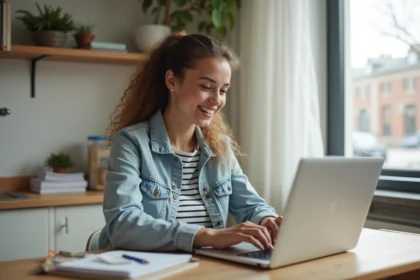 Jeune femme en cuisine vérifiant son ordinateur portable