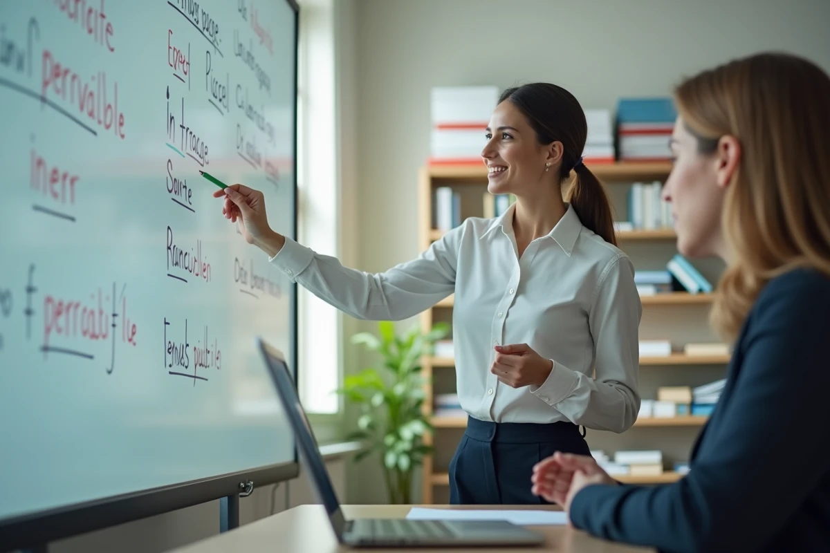Jeune femme enseignant devant un tableau dans une salle moderne