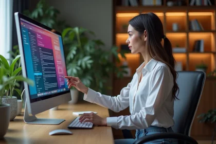 Jeune femme assise devant un écran interactif coloré dans un bureau moderne