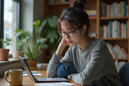 Jeune femme lisant manga sur tablette dans un appartement cosy