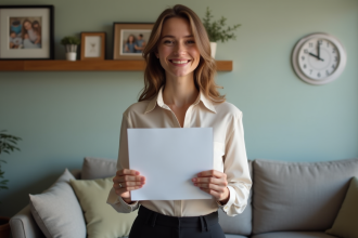 Jeune femme souriante tenant des documents de location dans un salon