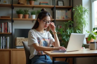 Jeune femme lisant manga sur ordinateur à la maison