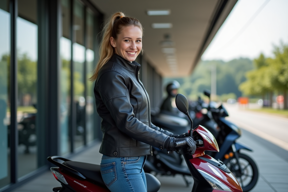 Jeune femme examine une moto 125cc en concession