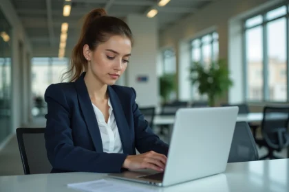 Femme professionnelle au bureau travaillant sur son ordinateur