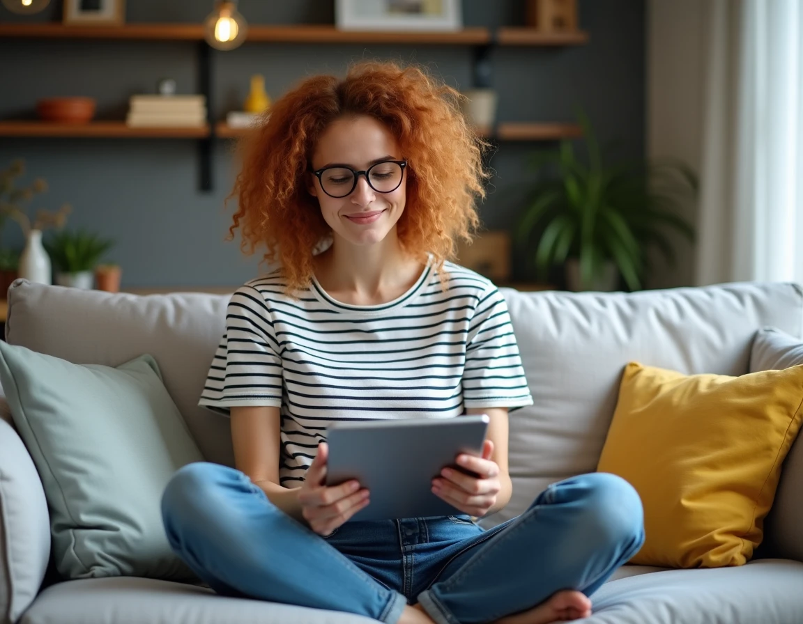 Jeune femme avec tablette jouant au mot du jour Codycross dans son salon