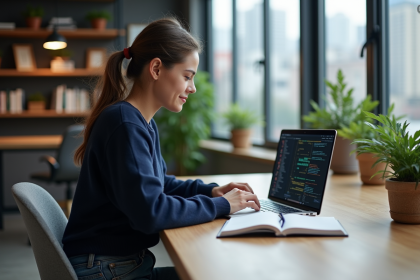 Jeune femme concentrée travaillant sur un ordinateur dans un bureau moderne