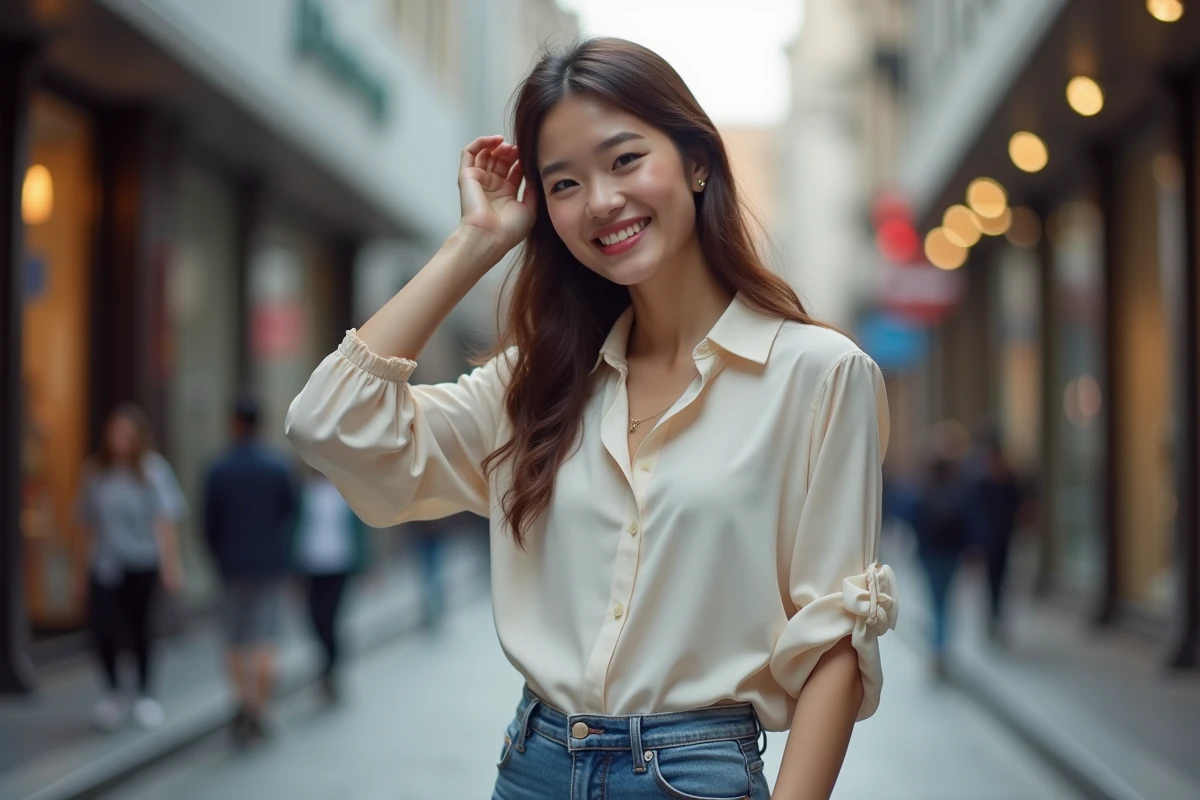 Jeune femme souriante dans la ville en arrière-plan