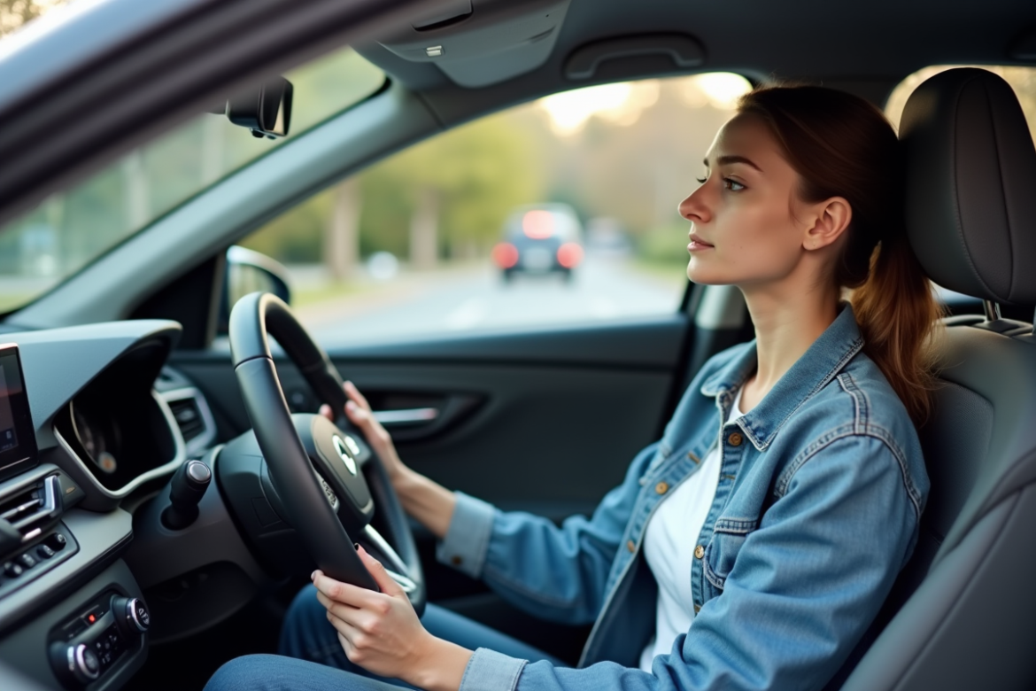 Jeune femme dans une voiture autonome observant le volant