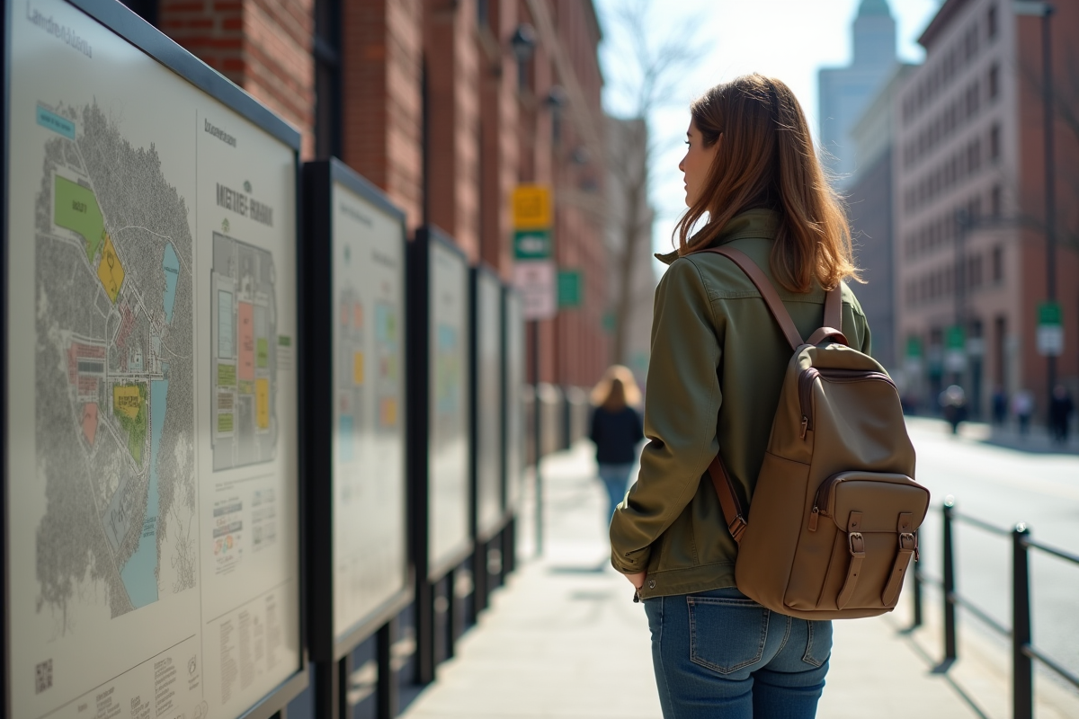 Jeune femme regarde des plans urbains modernes en extérieur