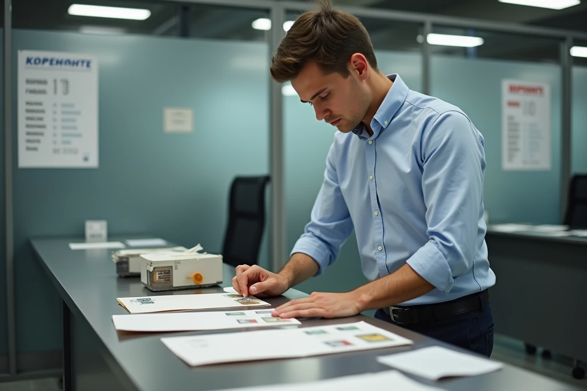 Jeune homme collant des timbres dans un bureau de poste moderne