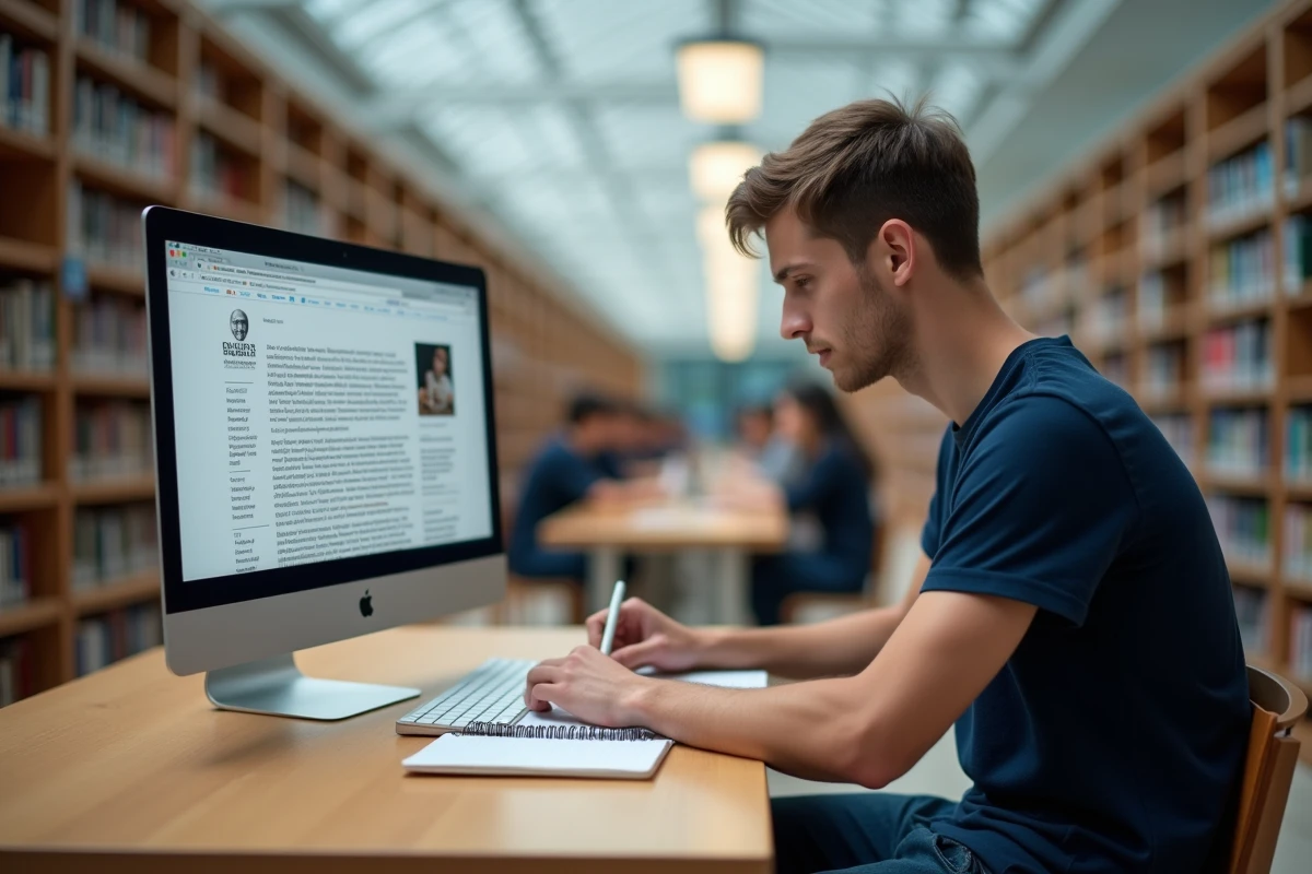 Jeune homme prenant des notes dans une bibliothèque en consultant une encyclopédie collaborative sur un grand écran d'ordinateur